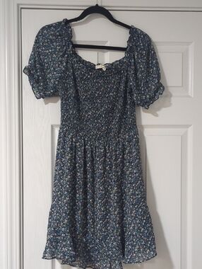 Promesa Blue Floral Smocked Puff-Sleeve Dress